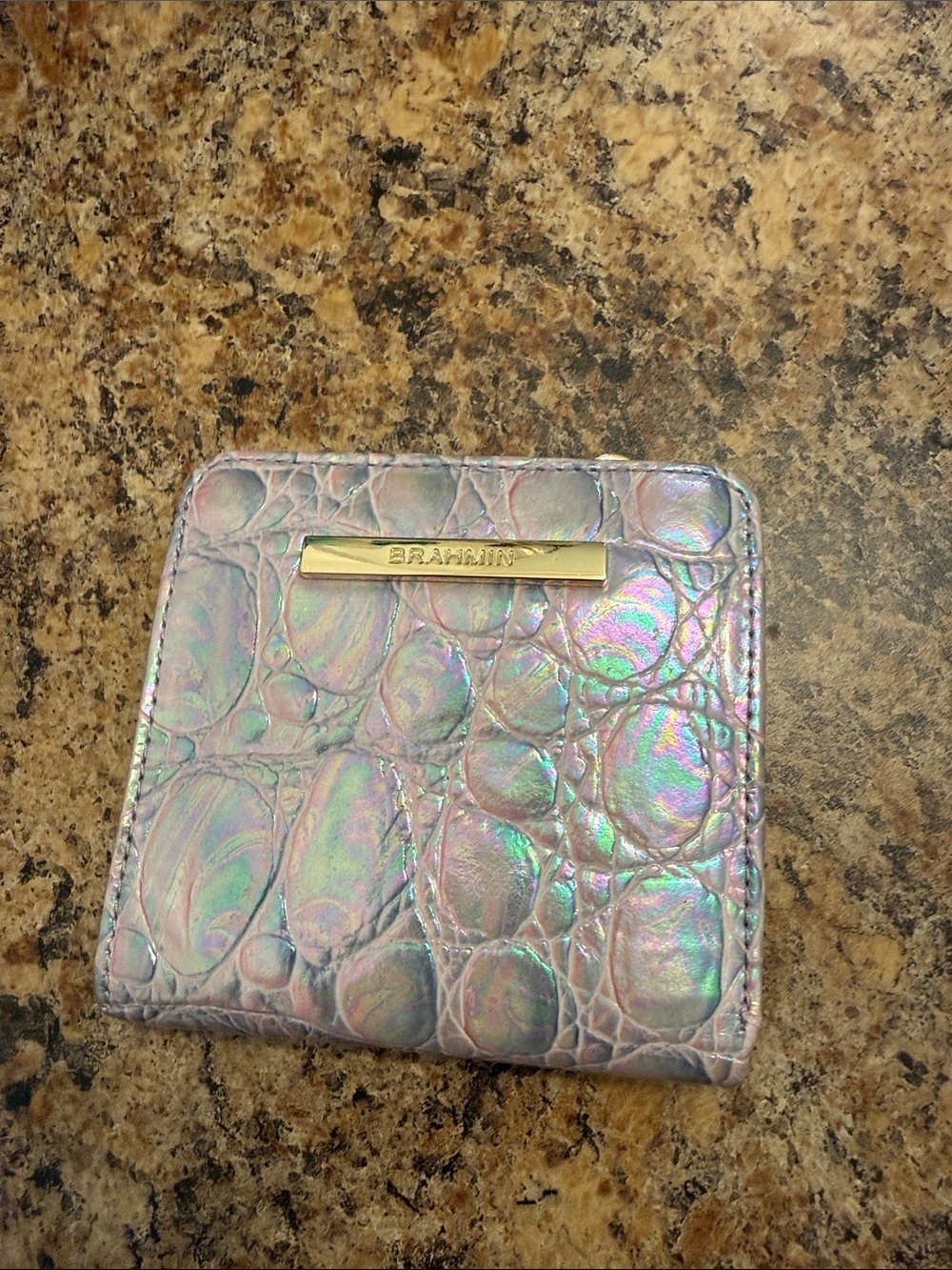 Brahmin Iridescent Croc-Embossed Wallet in Pink and Green Shift
